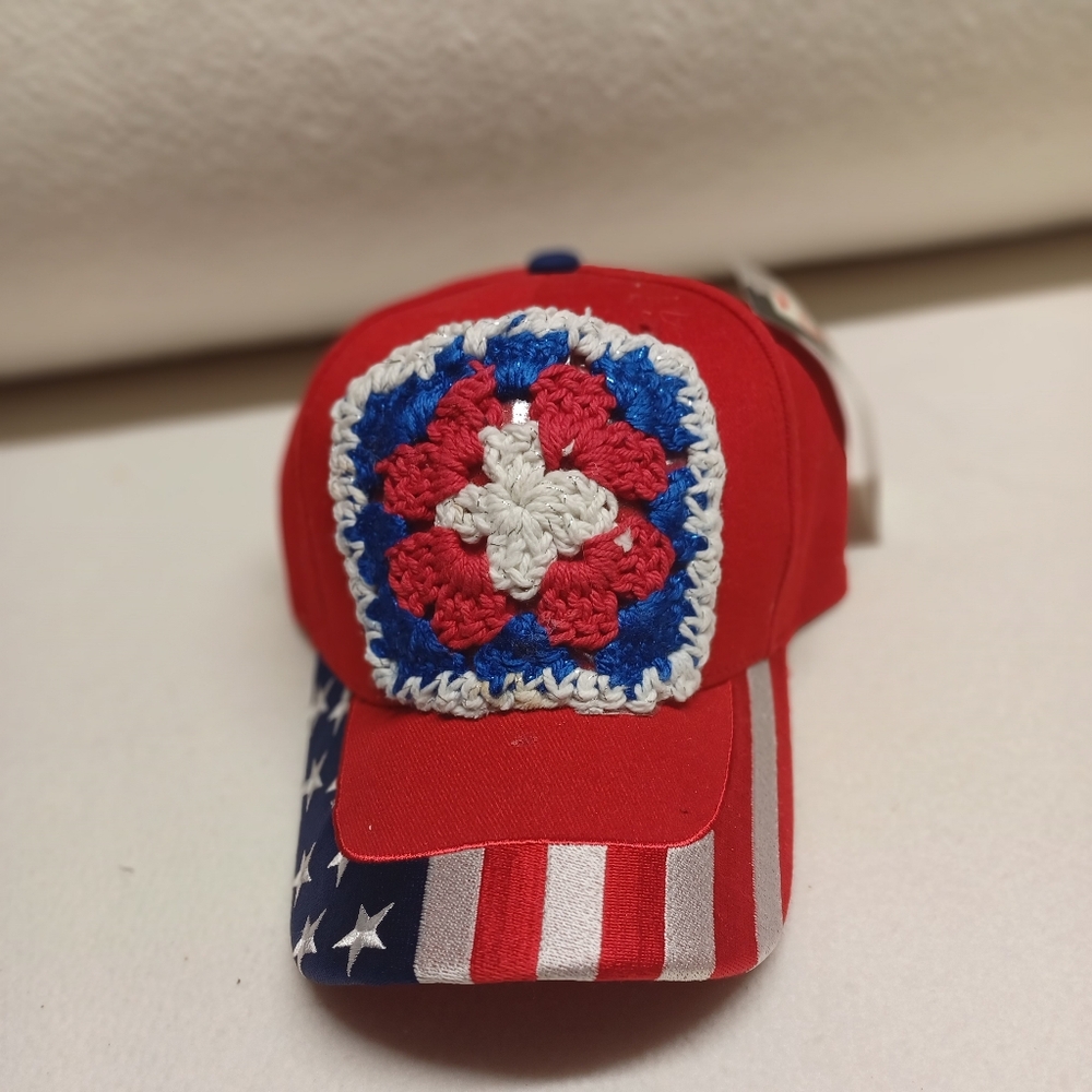 upcycled Red and Blue Crochet Patch Hat
